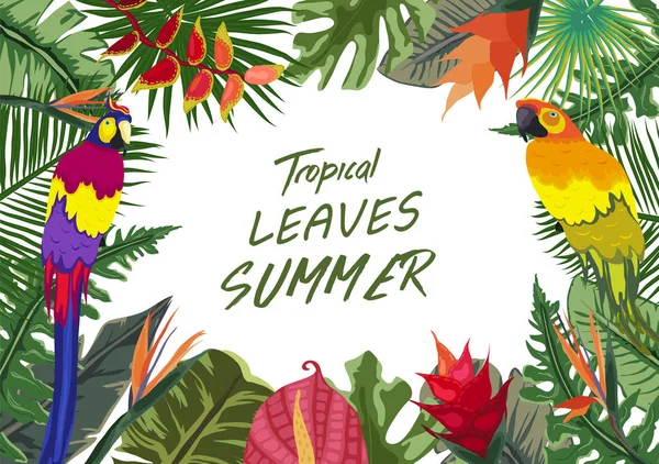 棕榈树 鹦鹉和花朵的热带背景 — 图库矢量图片