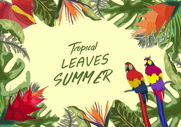 Fondo Tropical Palmeras Loros Flores — Vector de stock