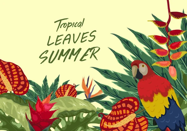 棕榈树 鹦鹉和花朵的热带背景 — 图库矢量图片