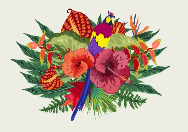 Tropiska Bakgrunden Palmer Papegoja Och Blommor — Stock vektor
