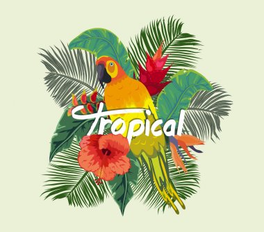 egzotik yapraklar, çiçekler, papağan ile Vintage kompozisyon. Bohem dekorasyon buket, boho stil için tebrik kartı, düğün