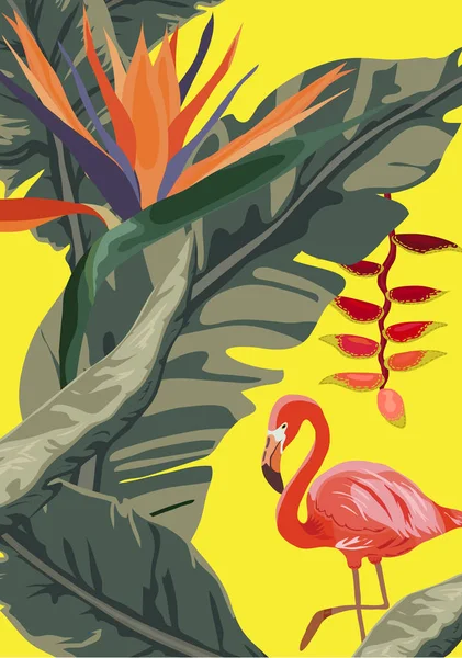 Tropisk Djungel Regnskog Växter Blommor Flamingo Toucan Gränsen Bakgrunden — Stock vektor