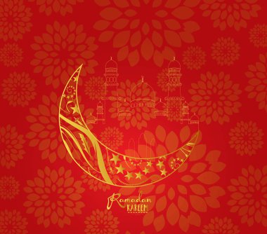 Ramazan Kareem arka plan ay, yıldız, fener, bulutlar Camii ile. Ramazan mübarek tebrik kartı, Müslüman toplum için davet