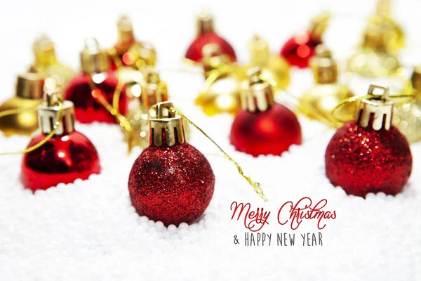 Weihnachtskarte Illustration Mit Goldenen Kugeln Kugeln Dekorationen Ornamenten Auf Silberweißem — Stockfoto
