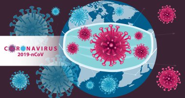 Coronavirus ya da Corona virüsü konsepti. Tıbbi maskeli Dünya, Çin virüsü Coronavirus Ncov 'dan DNA' nın arka planına karşı yardım istiyor.