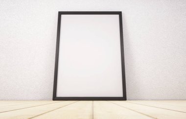 Ahşap zemin üzerinde siyah çerçeve ayakta posterdeki boş beyaz kağıt