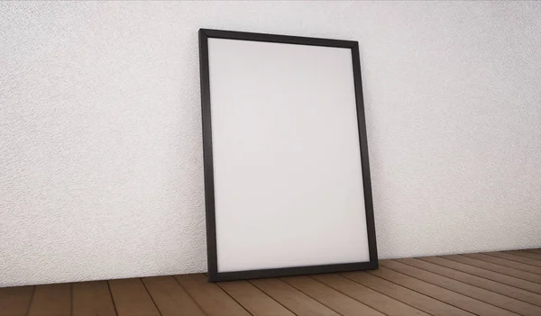 Poster met zwart frame mockup staande op de vloer. 3D-renderi — Stockfoto