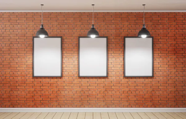 Studio and three picture on brick wall. 3d rendering. — Stock Photo, Image