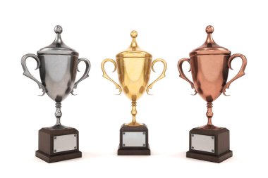 Beyaz zemin üzerinde üç Lig Kupası. Altın, gümüş ve bronz cu