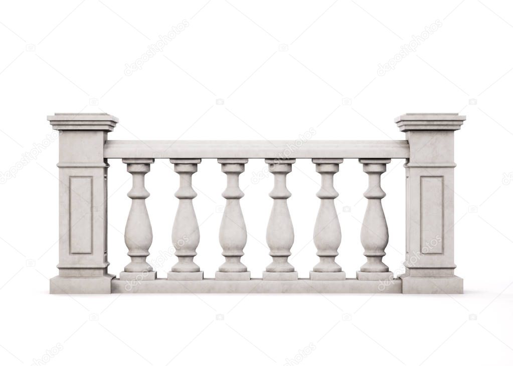 Front view marble balustrade on white background. 3d rendering.
