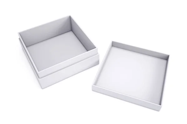 Άδειο λευκό κουτί με το παρακείμενο καπάκι σε λευκό φόντο. 3D — Φωτογραφία Αρχείου
