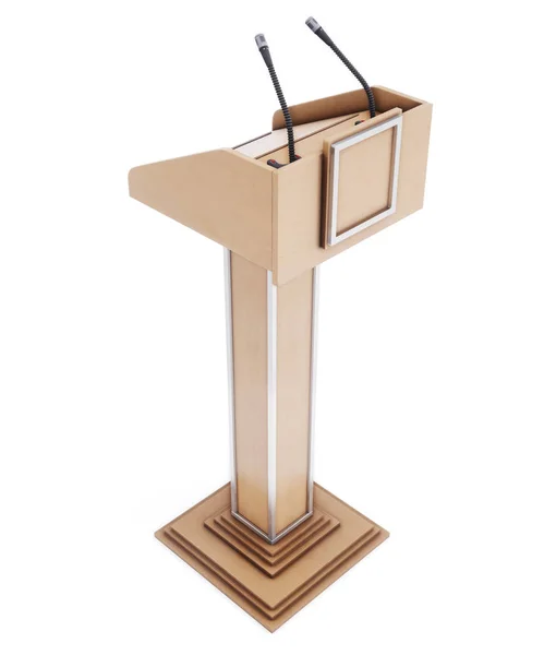 Dřevěná tribuna s mikrofony pro mluvení, čtení přednášky. — Stock fotografie