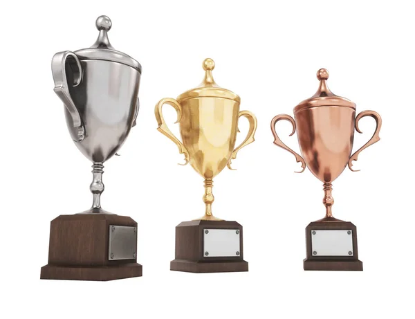 Golden, silver and bronze trophy cups on white background. 3D re — Stock Photo, Image