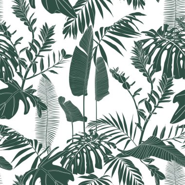 Elegant seamless pattern with green hand drawn line tropical leaves and flowers. Floral pattern for invitations, greeting cards, scrapbooking, print, gift wrap, manufacturing. White background. clipart