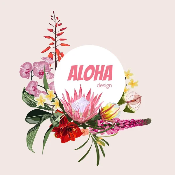 热带棕榈树和异国情调的花朵组成派对或邀请 时尚夏季印刷品 Aloha卡模板 — 图库矢量图片