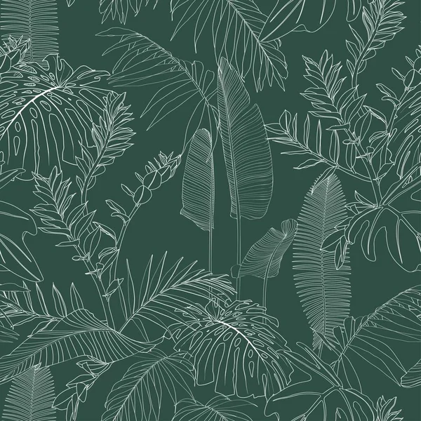 Elegant Seamless Pattern Green Hand Drawn Line Tropical Leaves Flowers — Stock Vector