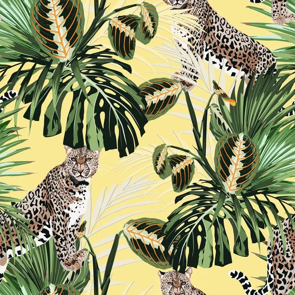 Барвистий Квітковий Візерунок Тигровим Леопардом Екзотичною Ілюстрацією Тропічного Листя Модний — стоковий вектор