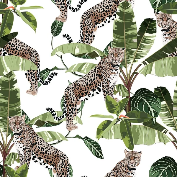 Kaplan leoparı ve egzotik tropikal yapraklarla renklendirilmiş çiçek deseni. Beyaz arkaplanda moda süsü.