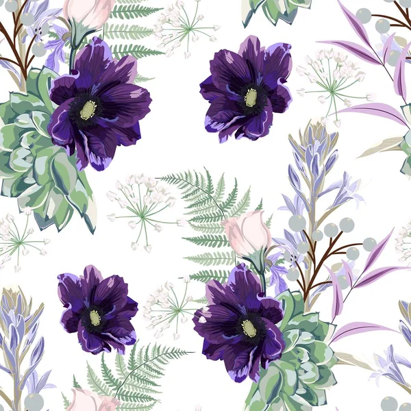 Nahtloses Muster Florales Aquarell Design Garten Violette Anemonenblume Silberne Sukkulente — Stockvektor