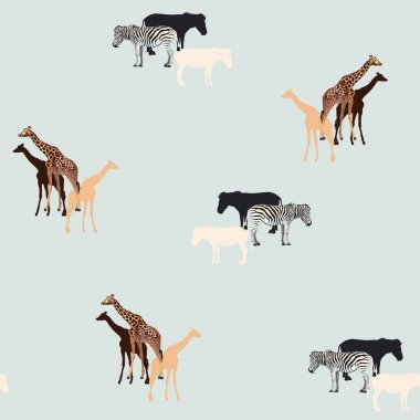 Palm trees leaves silhouette and giraffe on the light background. Seamless pattern with safari animals and tropical plants.