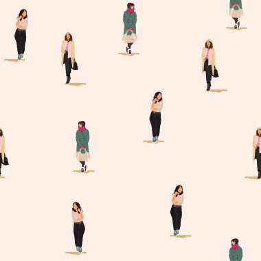 Seamless pattern with young women in modern style. Winter autumn background. Fashion girls in trendy clothes repeat design. Colorful People illustration in flat style. Female characters.