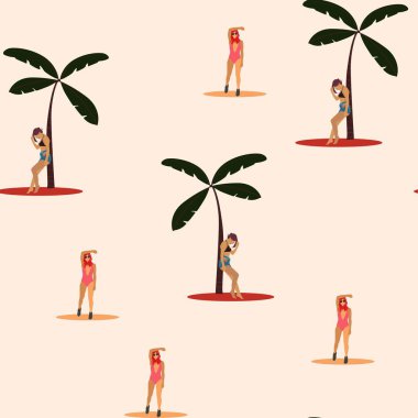 Beach summer vacation seamless pattern. Retro art deco poster. Flat illustration. Tropical marine pattern background with lobster, shrimp and exotic leaves. Woman in bikini.