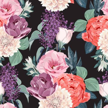 Floral Seamless Pattern with pink eustoma, tulips, anemones, spring flowers and leaves. Spring Blooming Flowers Background.