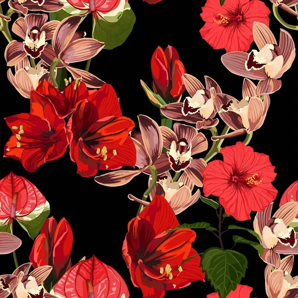 Watercolor Style Yellow Brown Bordo Orchid Flowers Seamless Pattern Decorative — 图库矢量图片