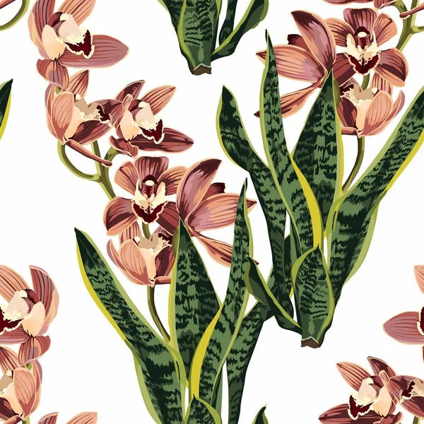 Watercolor Style Yellow Brown Bordo Orchid Flowers Seamless Pattern Decorative — 图库矢量图片