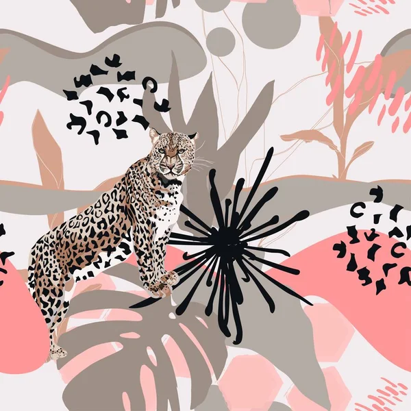 Fondo Floral Con Animal Leopardo Diseño Moda Moderno Textura Perfecta — Vector de stock