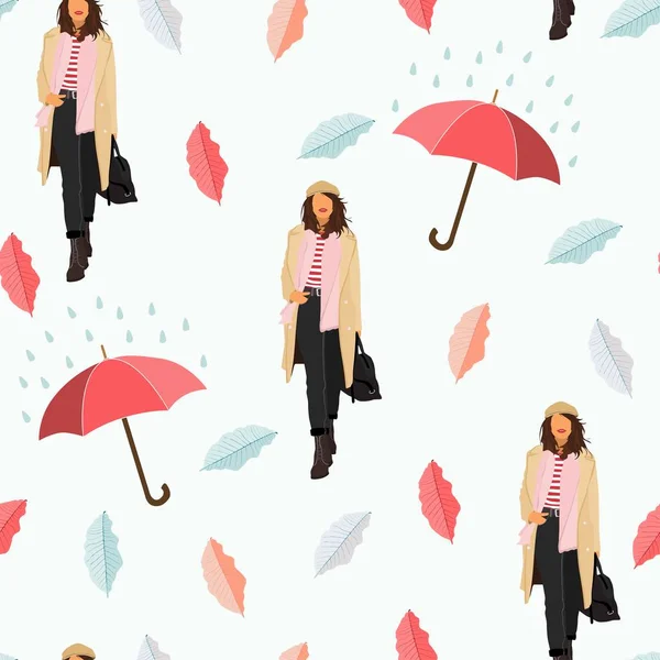 Hujan Berjalan Gadis Mulus Pola Modern Konsep Datar Ilustrasi Wanita - Stok Vektor