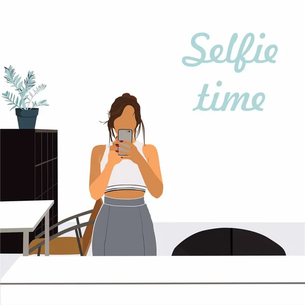 Flat Vector Concept Illustration Young Woman Taking Selfie Mirror Her — Stock vektor