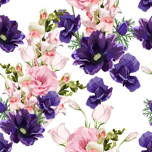 Floral Seamless Pattern Pink Eustoma Tulips Anemones Spring Flowers Leaves — 스톡 벡터