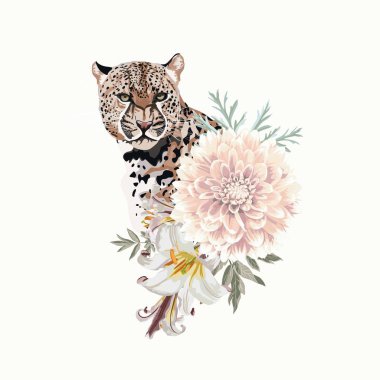 Graceful leopard and tropical leaves. Savana cat. Elegant poster, t-shirt composition, hand drawn style print. 