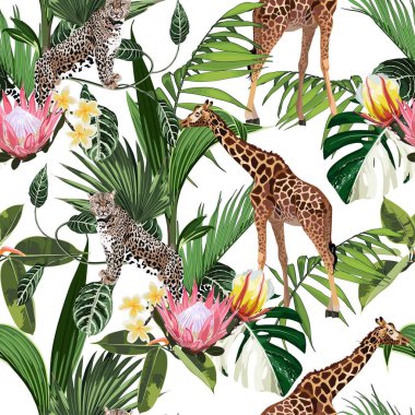 Wild animals (giraffe, cheetah, zebra) in savannah. Watercolor style Jungle Zoo seamless pattern.