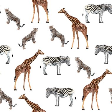Seamless pattern, background with adult zebra, leopard and giraffe and zebra. Realistic drawing, animalism and tropical leaves. Hand drown illustration. On soft yellow background.