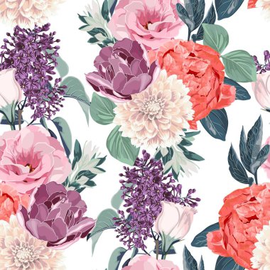 Floral Seamless Pattern with pink eustoma, tulips, anemones, spring flowers and leaves. Spring Blooming Flowers Background. clipart