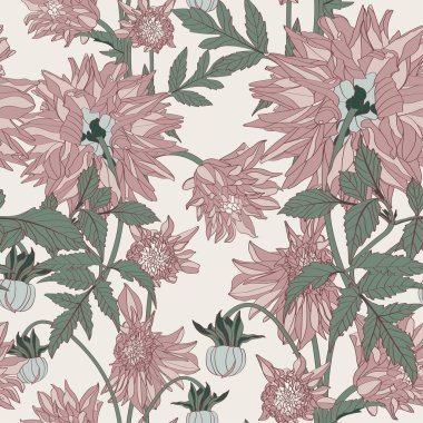 Seamless pattern of vintage Dahlia flowers, buds and leaves. Floral beige background.