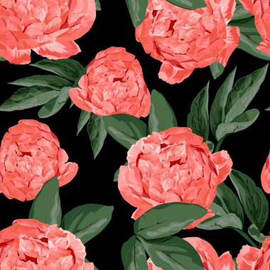 Floral Seamless Pattern with Coral Orange Peonies and leaves. Spring Blooming Flowers.