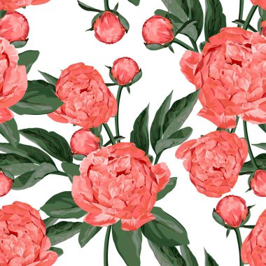 Floral Seamless Pattern with Coral Orange Peonies and leaves. Spring Blooming Flowers.