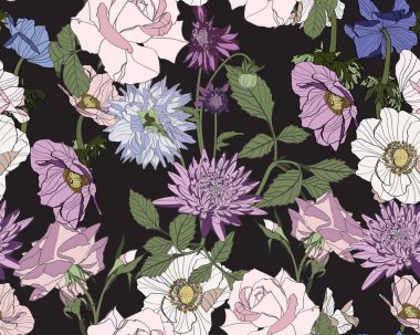 Dahlia. Seamless pattern of vintage violet Dahlia flowers. Floral black background.