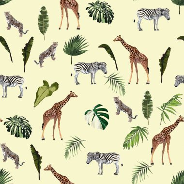 Seamless pattern, background with adult zebra, leopard and giraffe and zebra. Realistic drawing, animalism and tropical leaves. Hand drown illustration. On soft yellow background.