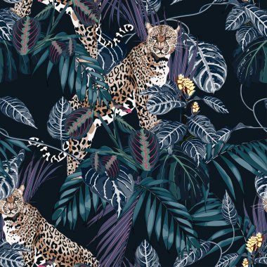 Colorful floral pattern with tiger leopard and exotic tropical leaves illustration. Fashion ornament background.
