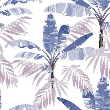 Tropical palm trees, banana tree and exotic plants floral seamless pattern background. Exotic jungle wallpaper.