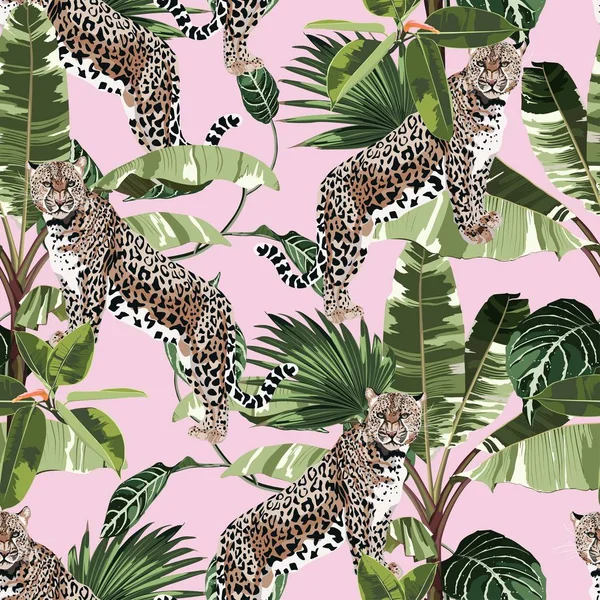 Colorful Floral Pattern Tiger Leopard Exotic Tropical Leaves Illustration Fashion — Stock vektor