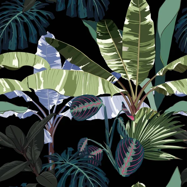 Tropické Palmy Banány Exotické Rostliny Květinové Bezešvé Vzor Pozadí Exotické — Stockový vektor