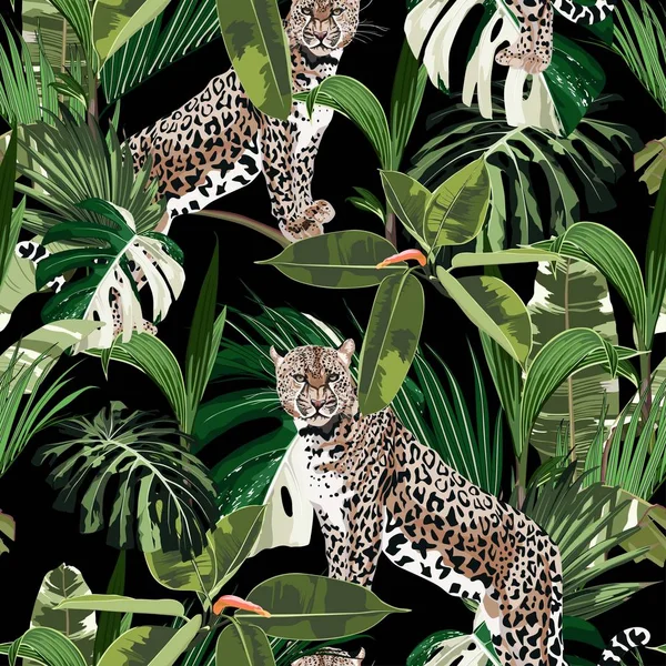 Colorful Floral Pattern Tiger Leopard Exotic Tropical Leaves Illustration Fashion — Stock vektor