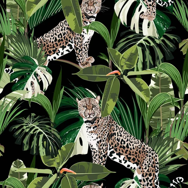 Colorful floral pattern with tiger leopard and exotic tropical leaves illustration. Fashion ornament background.