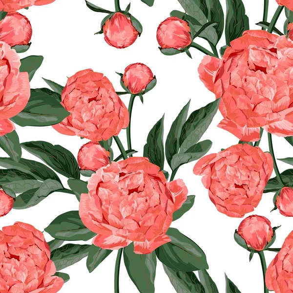 Motif Floral Sans Couture Avec Pivoines Feuilles Corail Orange Fleurs — Image vectorielle
