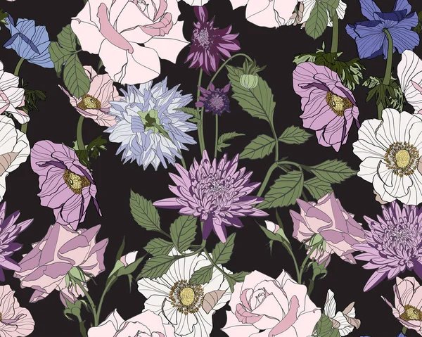 Dahlia Seamless Pattern Vintage Violet Dahlia Flowers Floral Black Background — ストックベクタ